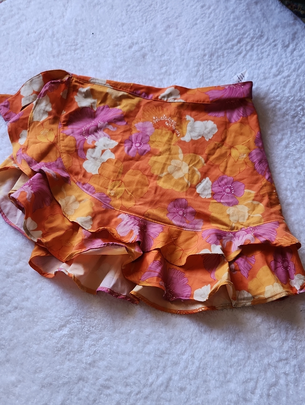 Agua Bendita Floral Orange Ruffle Swim Cover Up Mini Skirt.